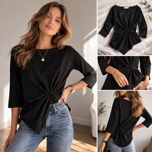 Tish Cox Boat Neck Asymmetrical Gathered Twist Top Black Size Small